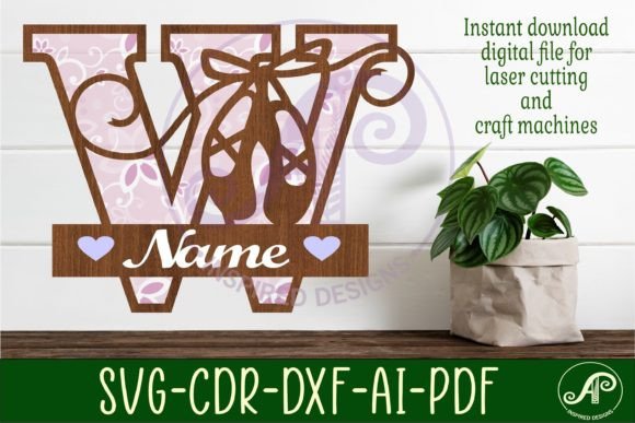 Ballet Shoe Capital Monogram Letter W: Elegant Laser Cut Design