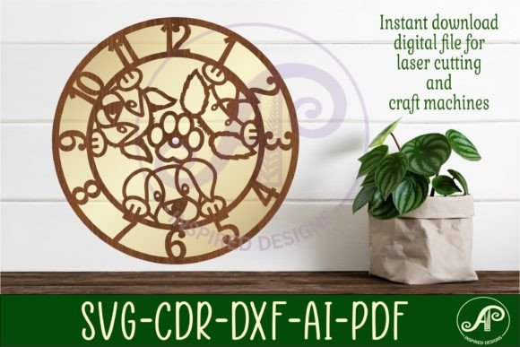 Dogs Wall Clock Laser Cut Files, SVG