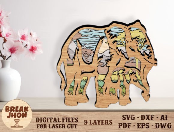 Elephant with Safari Scene Layered: A Stunning 3D Laser Cut Design